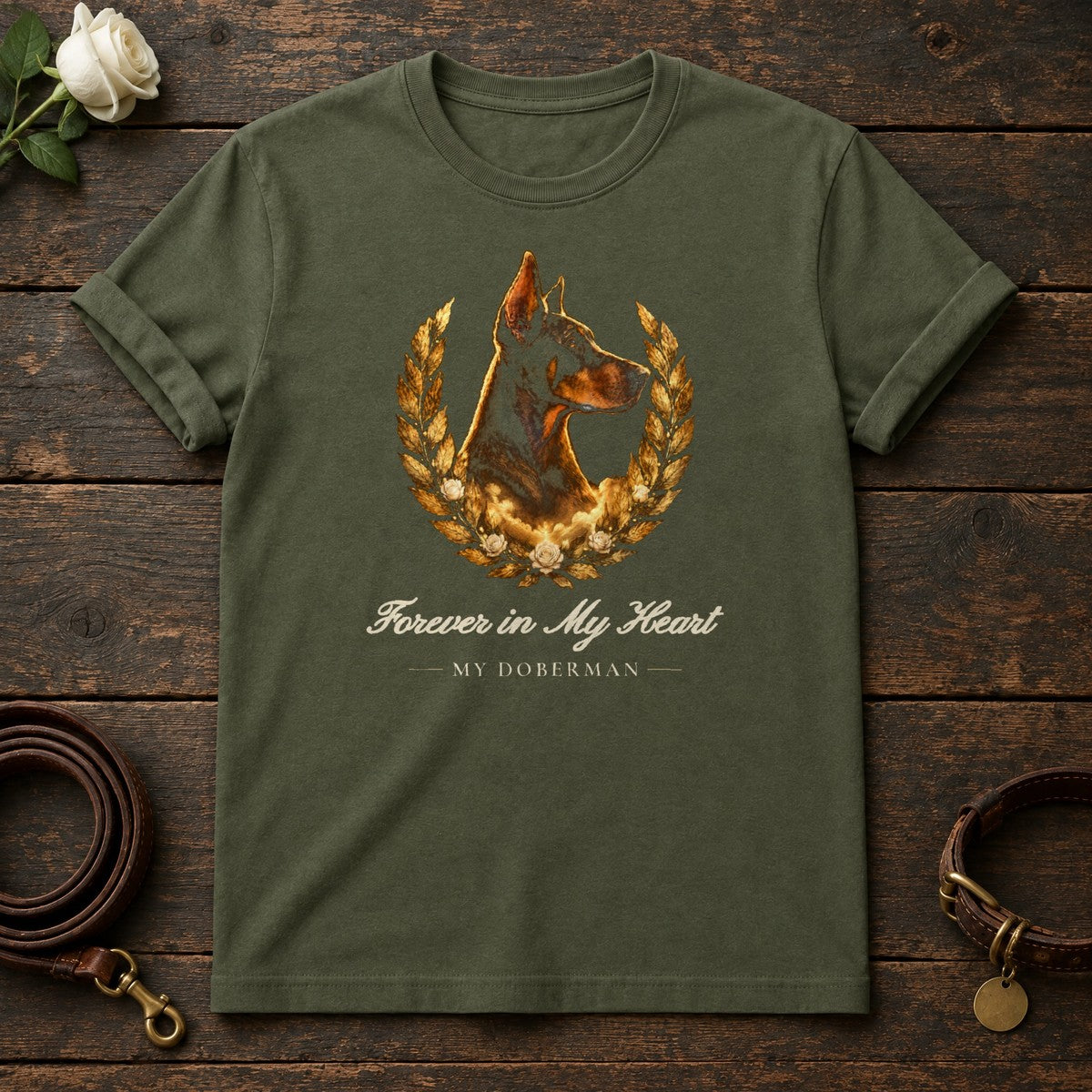 Forever in My Heart – Laurel Doberman Memorial Tee in Military Green