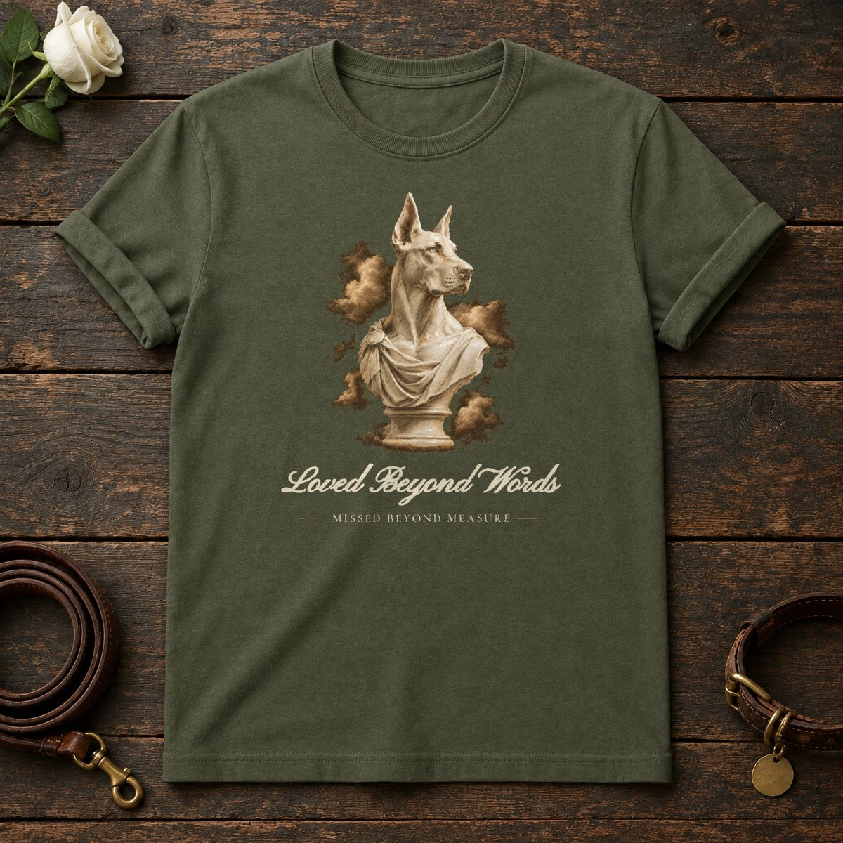 Loved Beyond Words – Marble Doberman Memorial Tee in Military Green