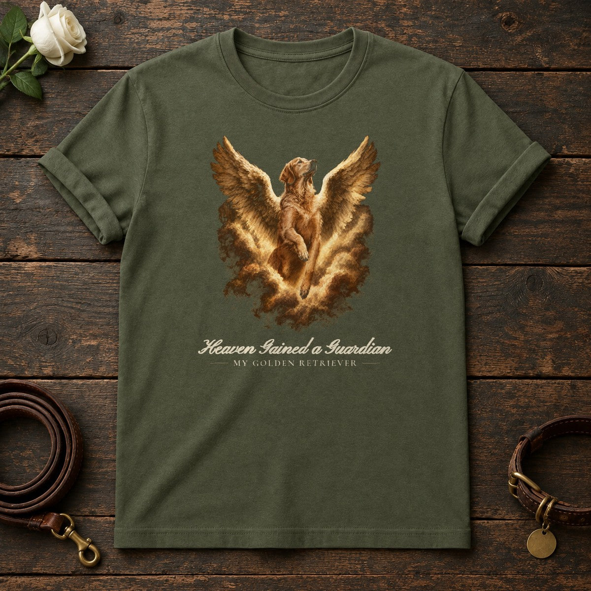 Heaven Gained a Guardian – Winged Golden Retriever Memorial Tee in Military Green