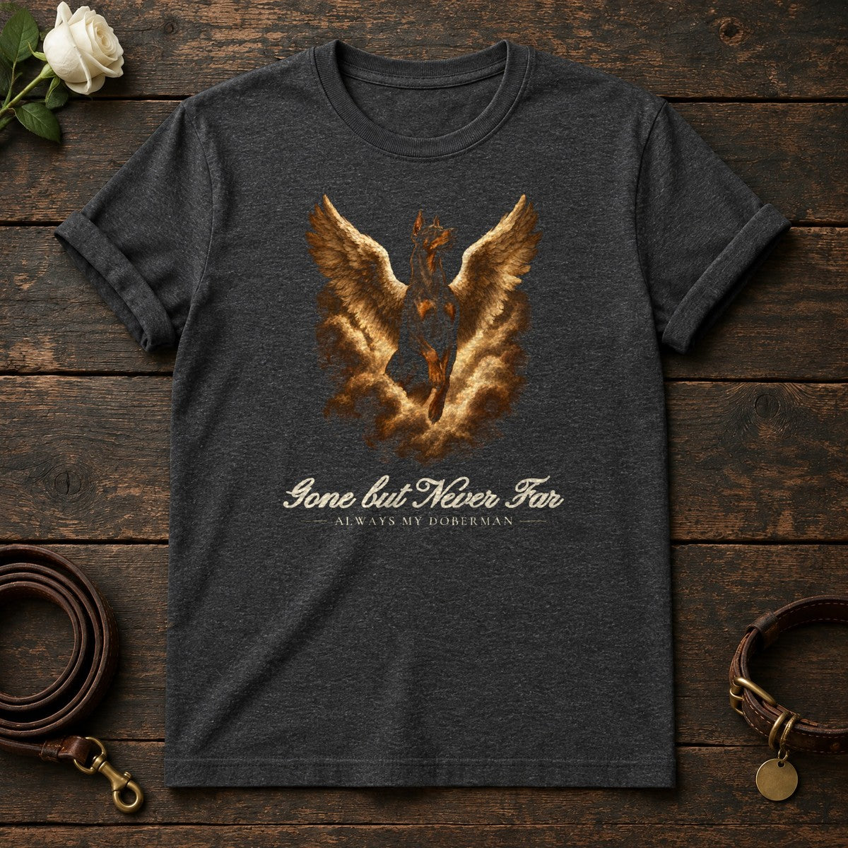 Gone but Never Far – Winged Doberman Memorial Tee in Dark Heather
