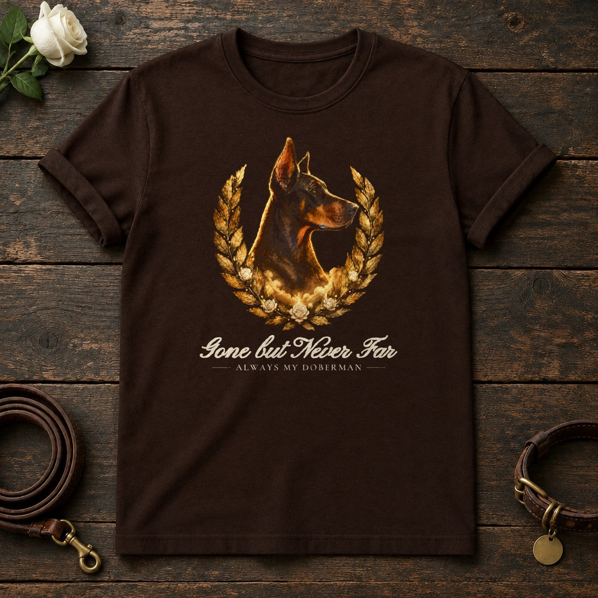 Gone but Never Far – Laurel Doberman Memorial Tee in Dark Chocolate