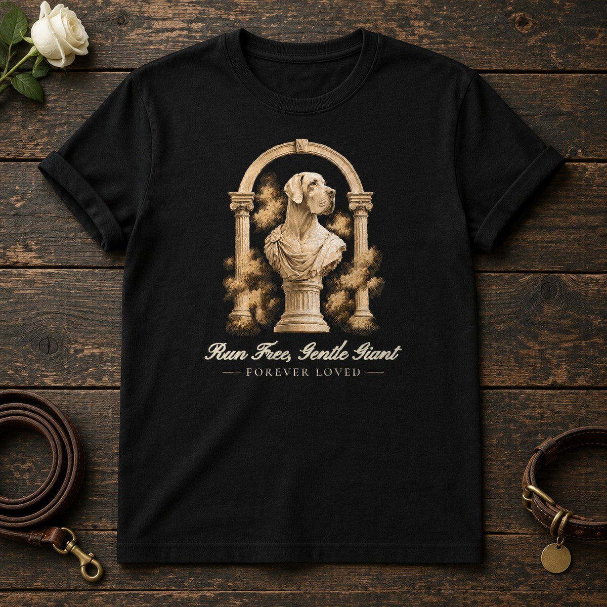 Run Free, Gentle Giant – Roman Arch Great Dane Memorial Tee in Black