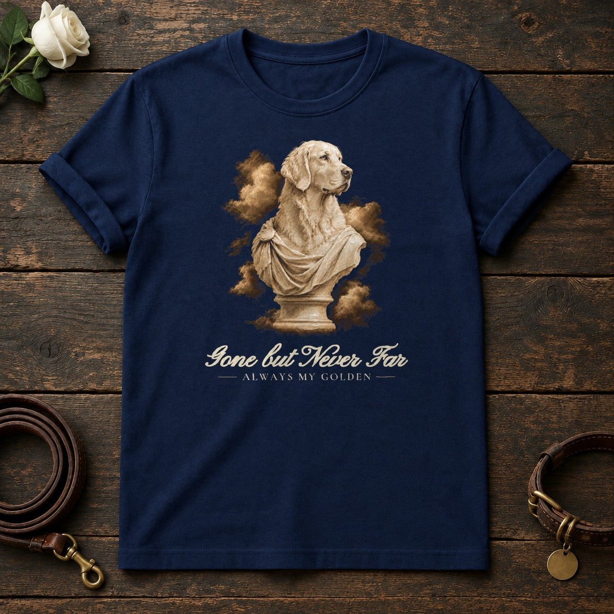 Gone but Never Far – Marble Golden Retriever Memorial Tee in Navy