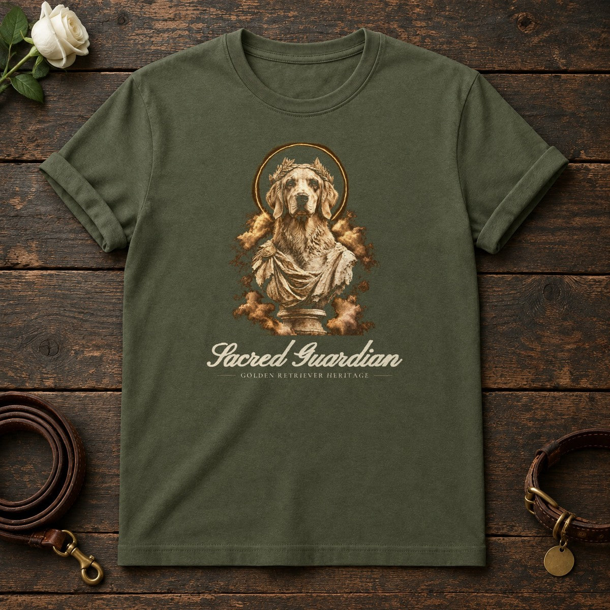 Sacred Guardian Golden Retriever Tee in Military Green