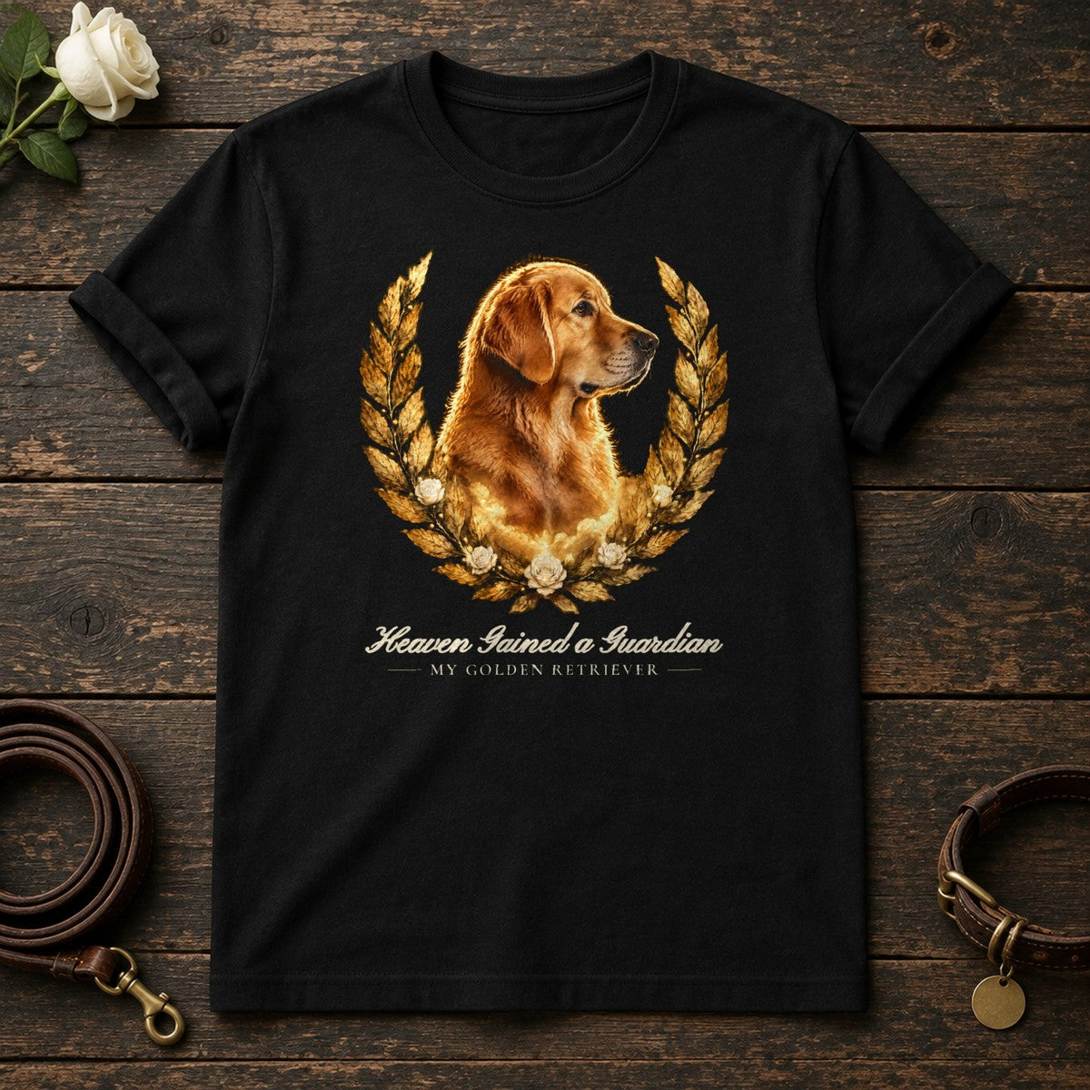 Heaven Gained a Guardian – Laurel Golden Retriever Memorial Tee in Black