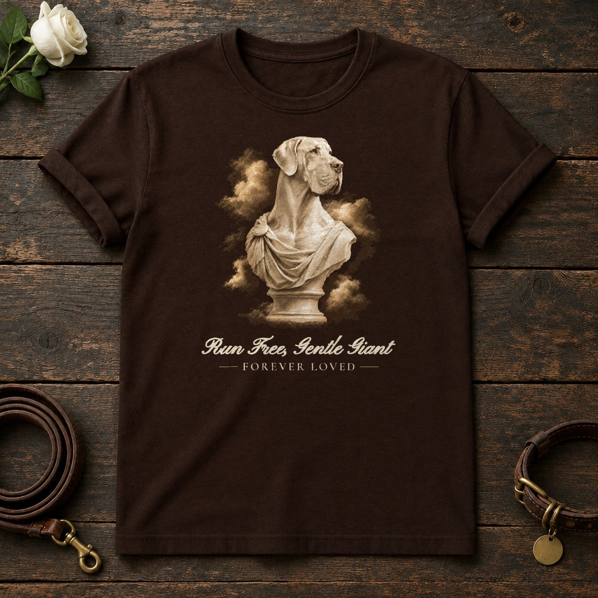 Run Free, Gentle Giant – Marble Great Dane Memorial Tee in Dark Chocolate