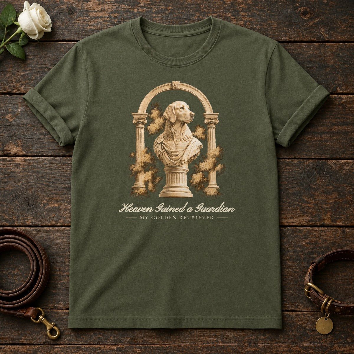 Heaven Gained a Guardian – Roman Arch Golden Retriever Memorial Tee in Military Green