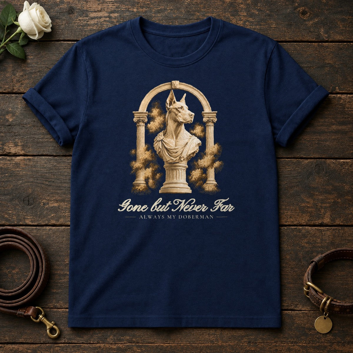 Gone but Never Far – Roman Arch Doberman Memorial Tee in Navy