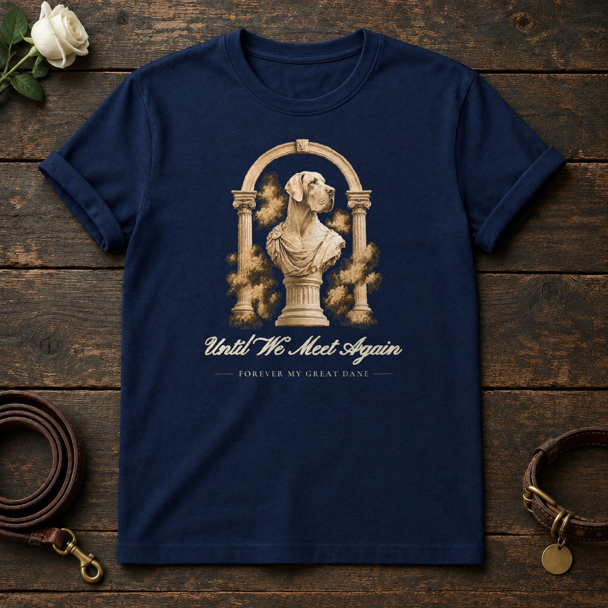 Until We Meet Again – Roman Arch Great Dane Memorial Tee in Navy