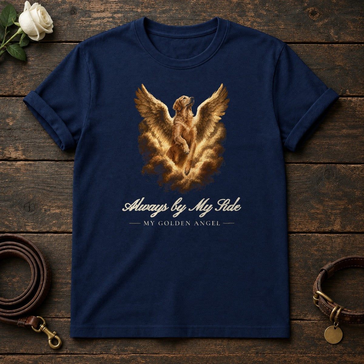 Always by My Side – Winged Golden Retriever Memorial Tee in Navy