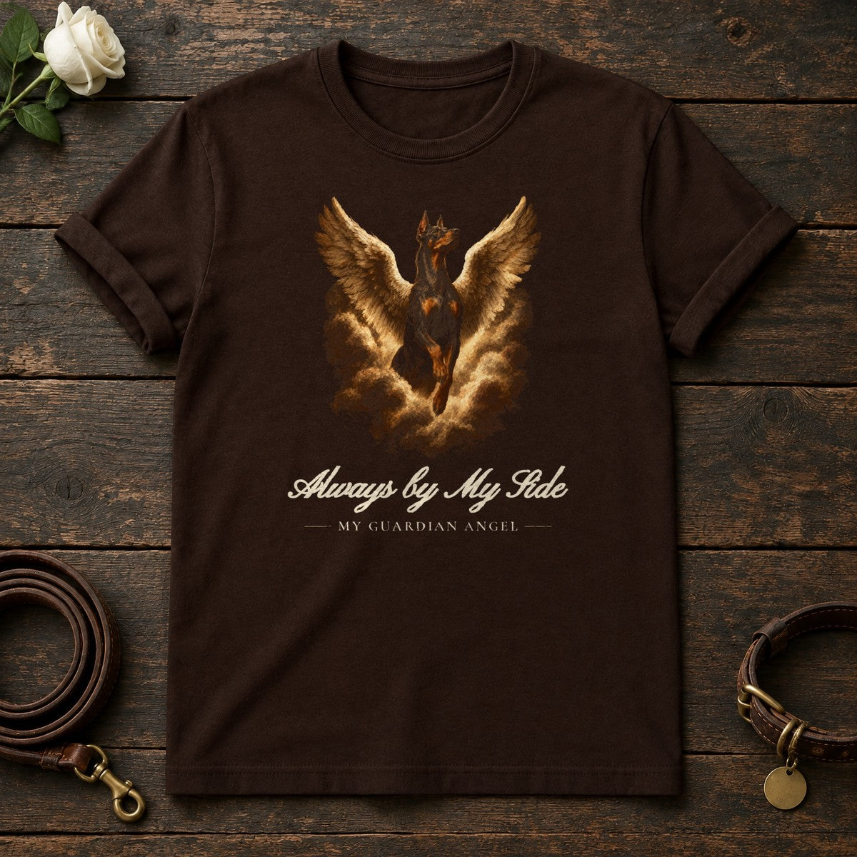 Always by My Side – Winged Doberman Memorial Tee in Dark Chocolate