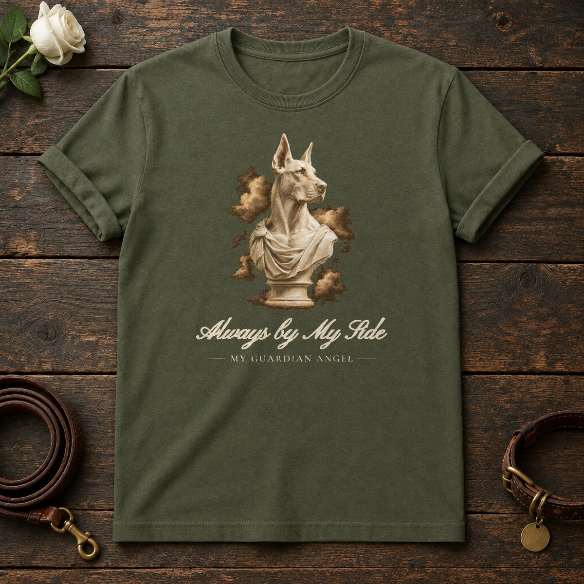 Always by My Side – Marble Doberman Memorial Tee in Military Green