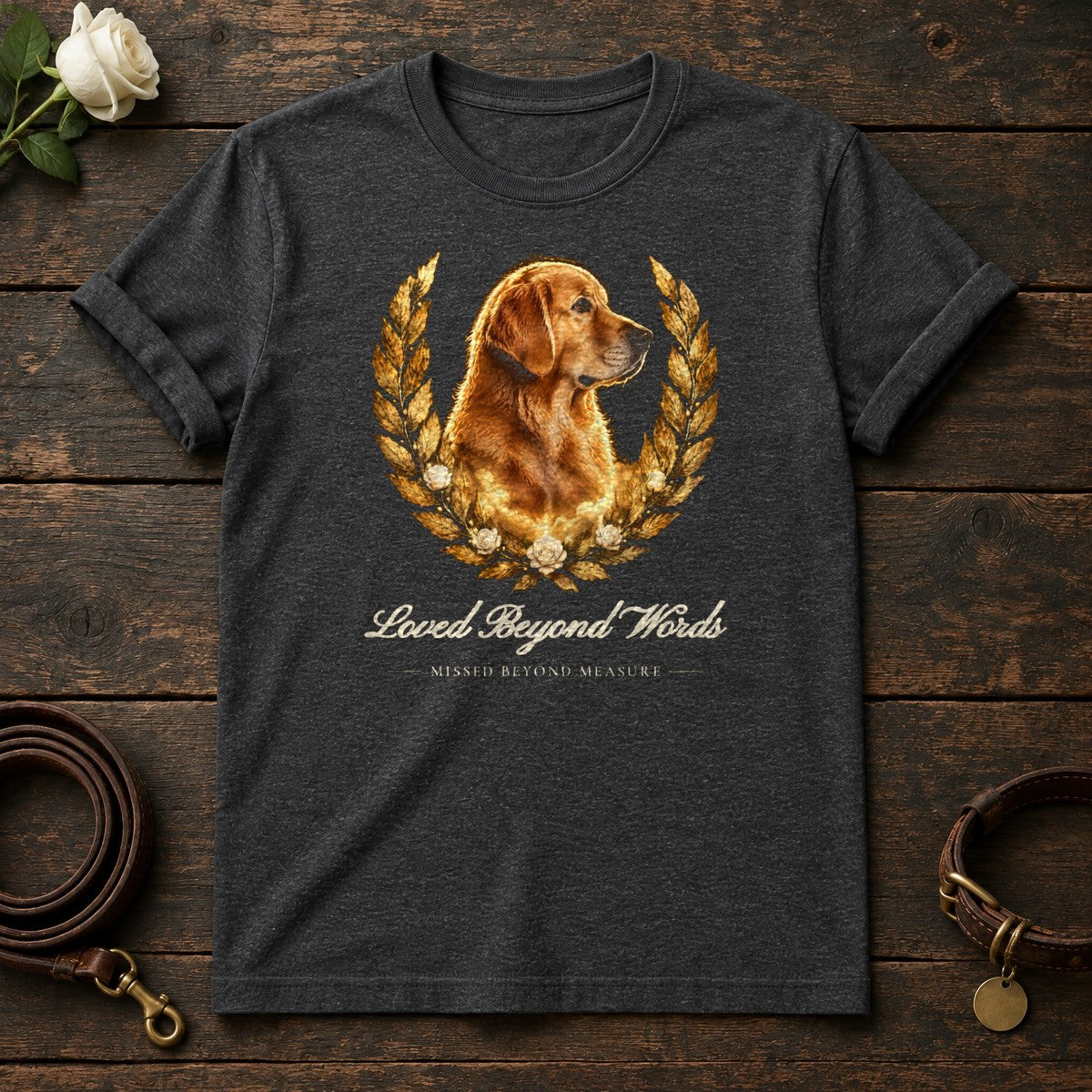 Loved Beyond Words – Laurel Golden Retriever Memorial Tee in Dark Heather