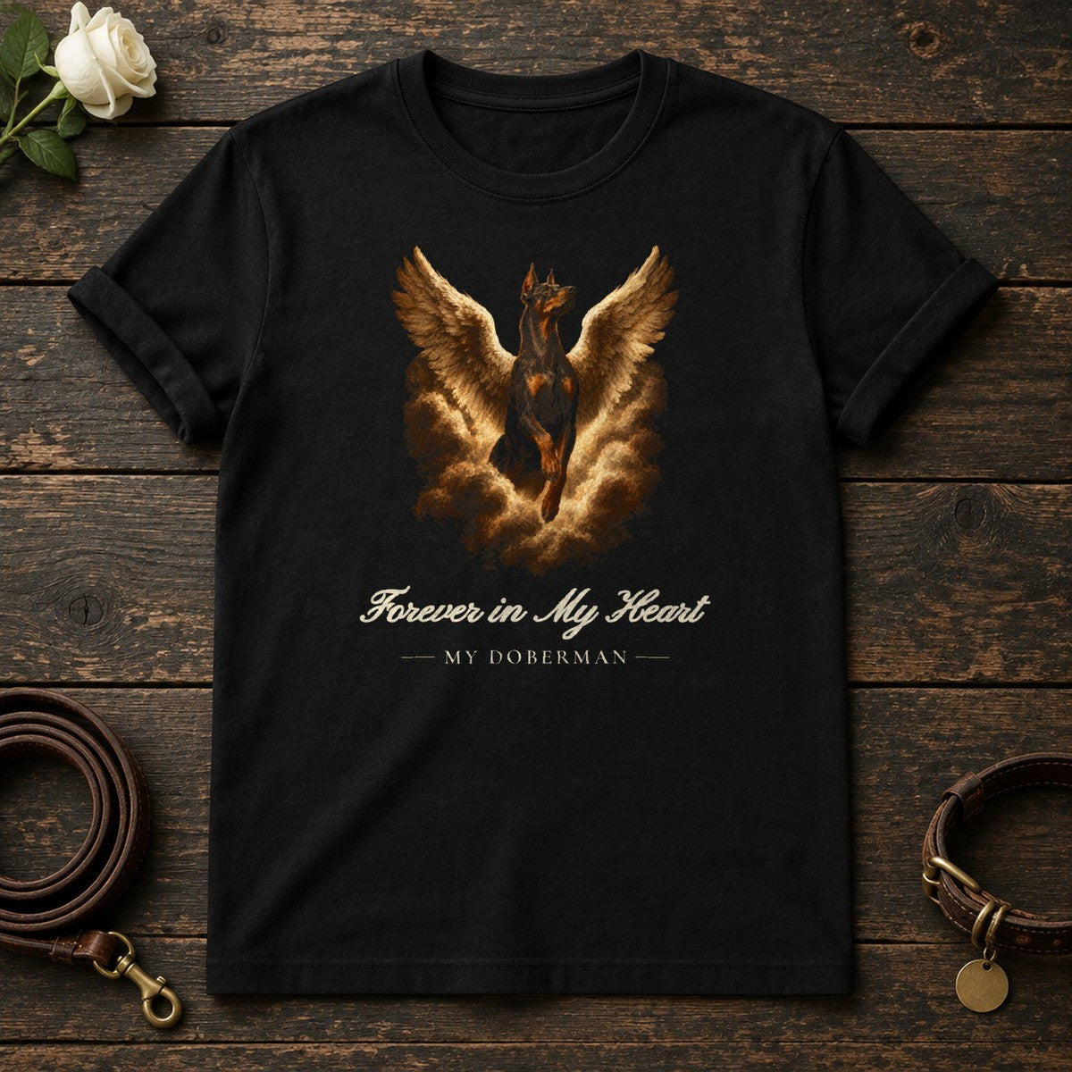 Forever in My Heart – Winged Doberman Memorial Tee in Black