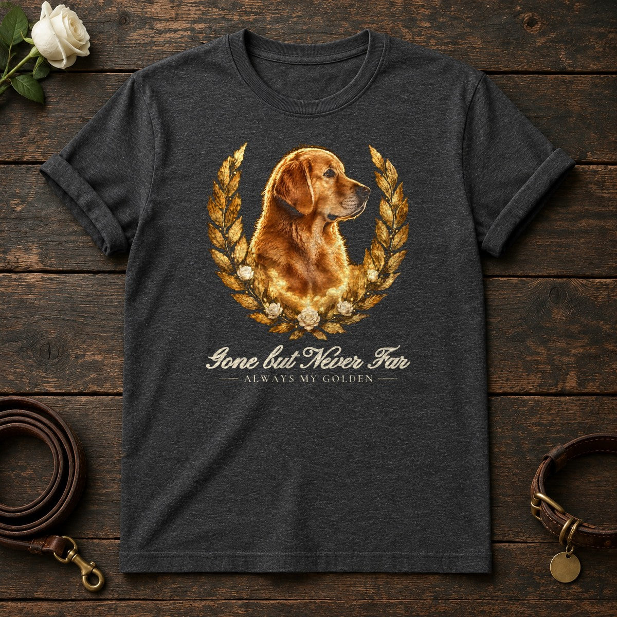 Gone but Never Far – Laurel Golden Retriever Memorial Tee in Dark Heather