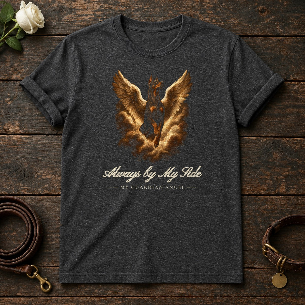 Always by My Side – Winged Doberman Memorial Tee in Dark Heather