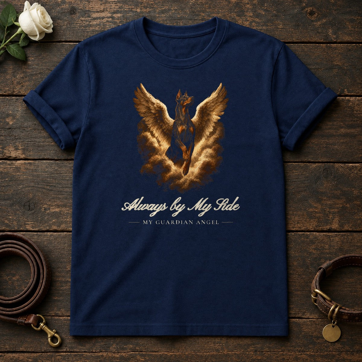 Always by My Side – Winged Doberman Memorial Tee in Navy