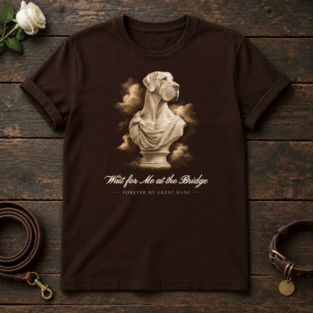 Wait for Me at the Bridge – Marble Great Dane Memorial Tee in Dark Chocolate