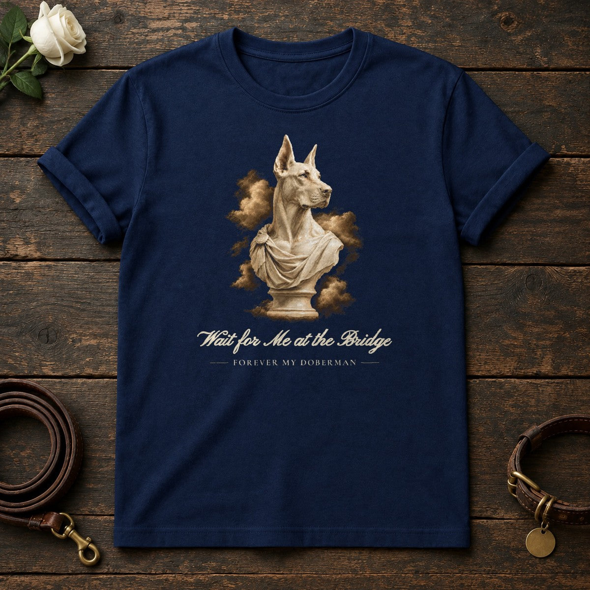 Wait for Me at the Bridge – Marble Doberman Memorial Tee in Navy
