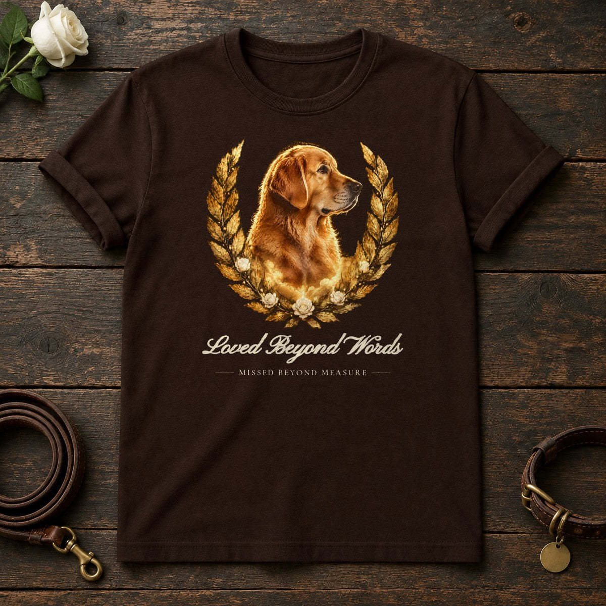 Loved Beyond Words – Laurel Golden Retriever Memorial Tee in Dark Chocolate