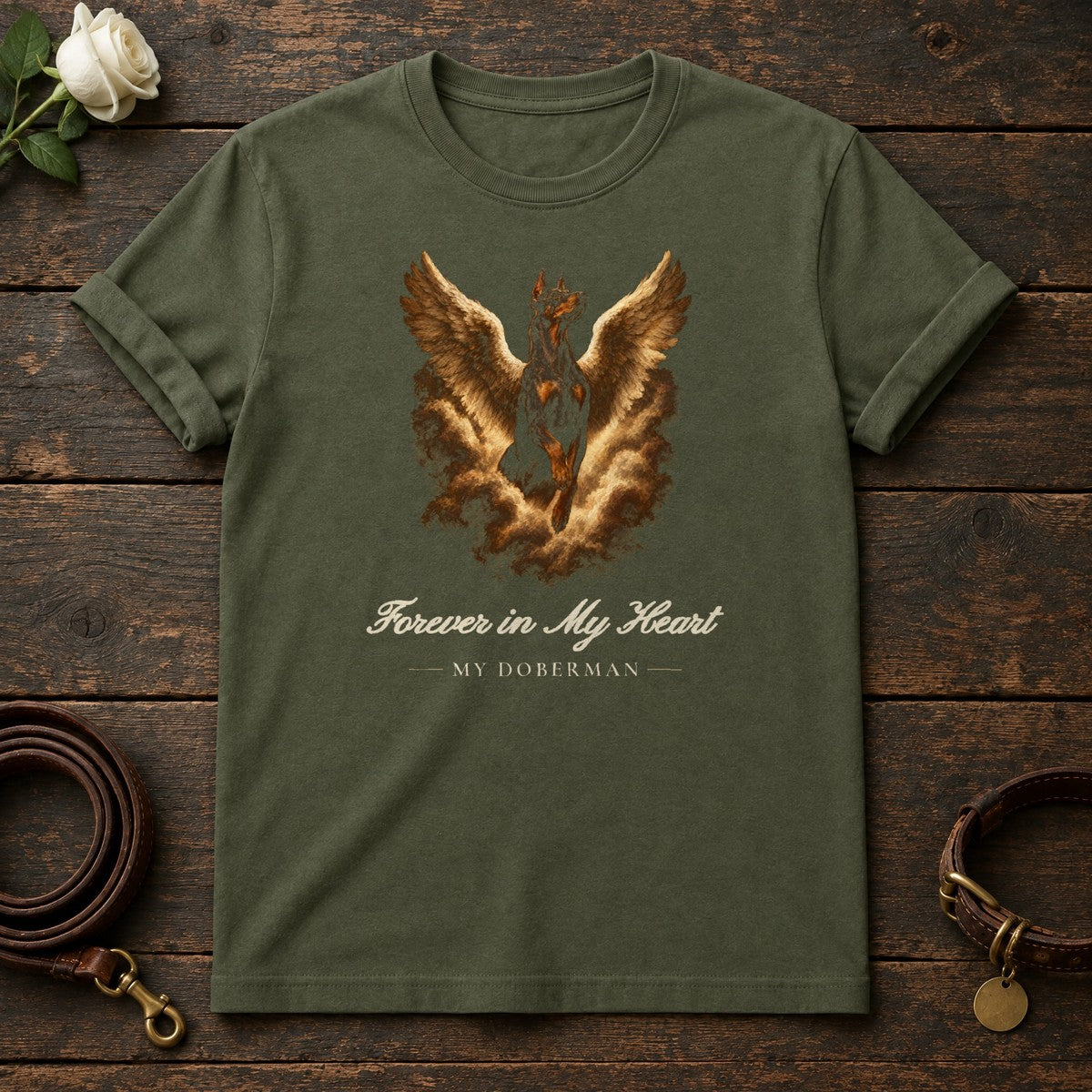 Forever in My Heart – Winged Doberman Memorial Tee in Military Green