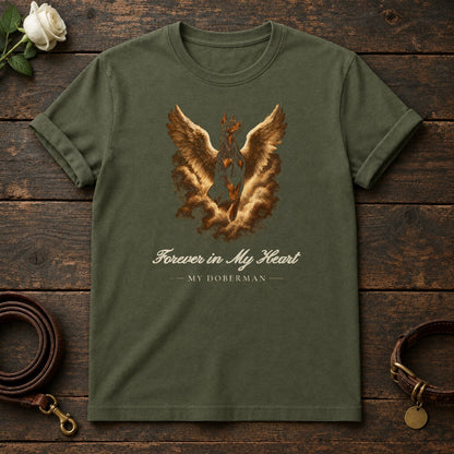 Forever in My Heart – Winged Doberman Memorial Tee in Military Green