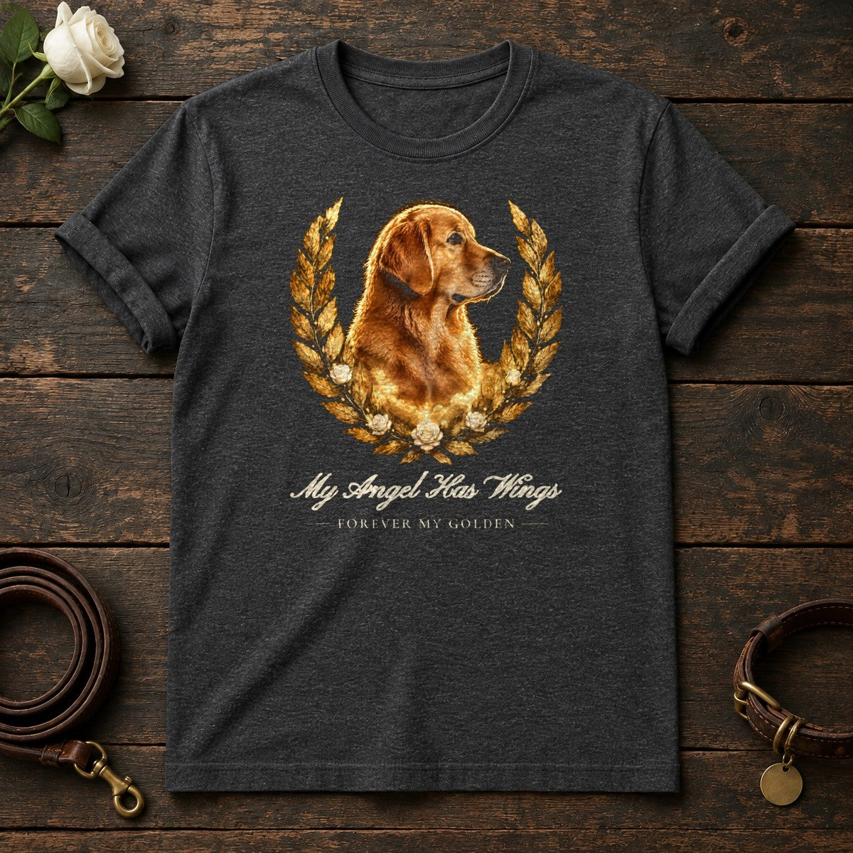 My Angel Has Wings – Laurel Golden Retriever Memorial Tee in Dark Heather