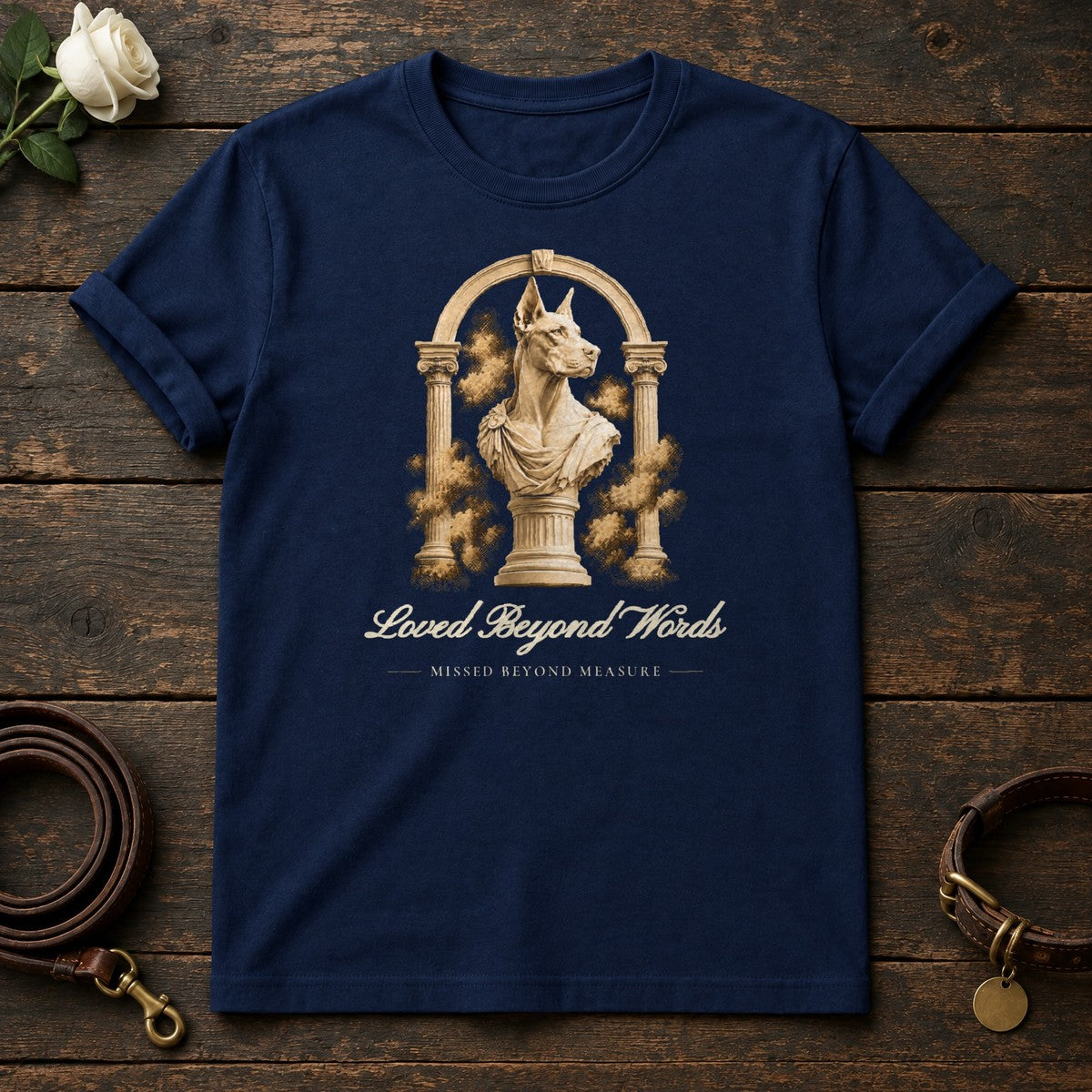 Loved Beyond Words – Roman Arch Doberman Memorial Tee in Navy