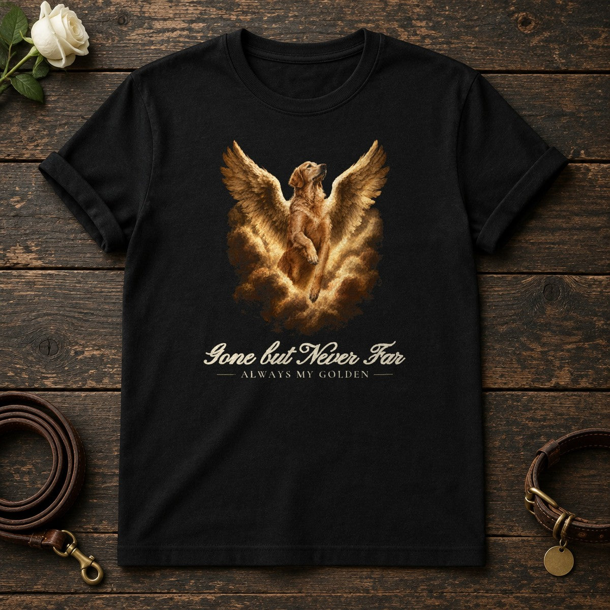 Gone but Never Far – Winged Golden Retriever Memorial Tee in Black