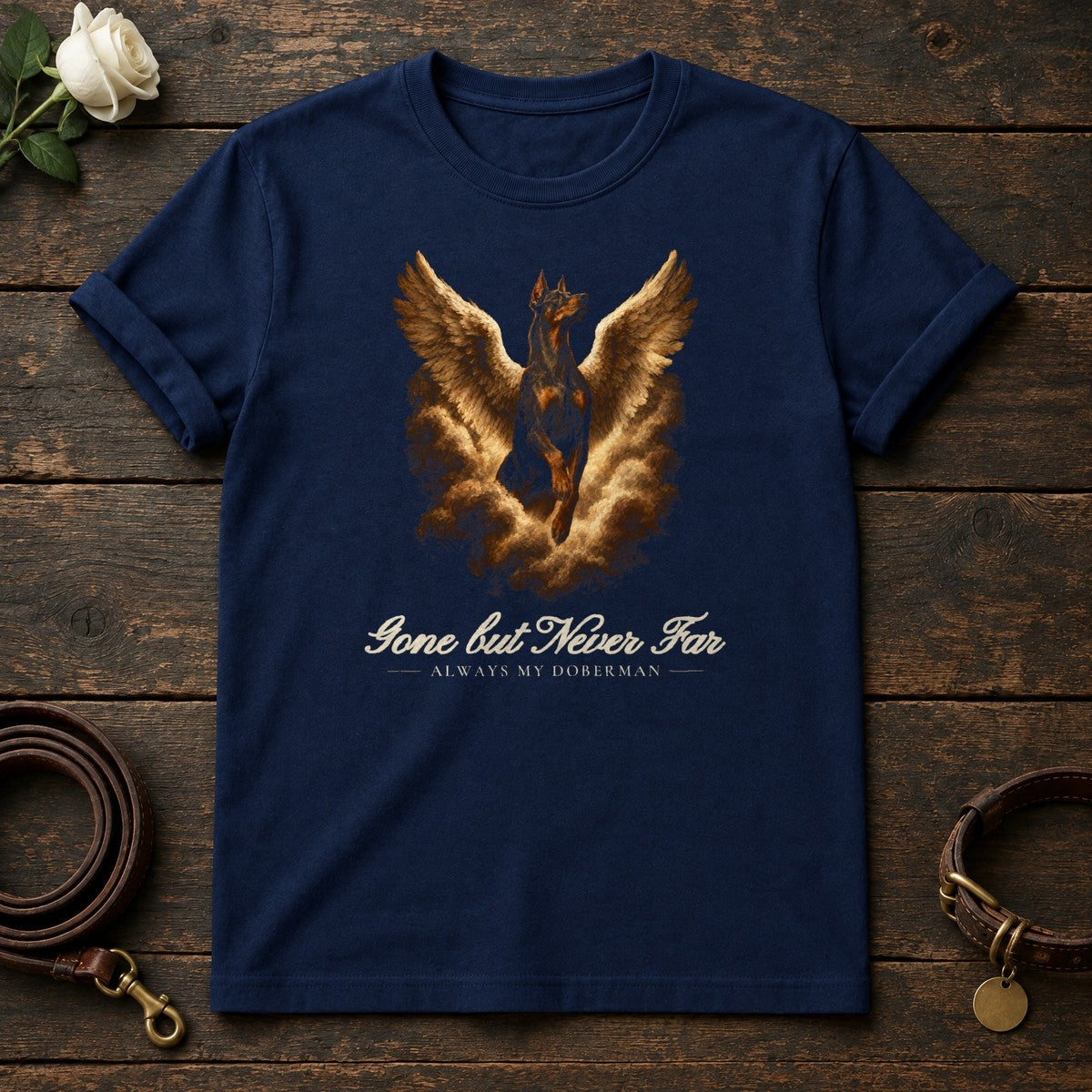 Gone but Never Far – Winged Doberman Memorial Tee in Navy