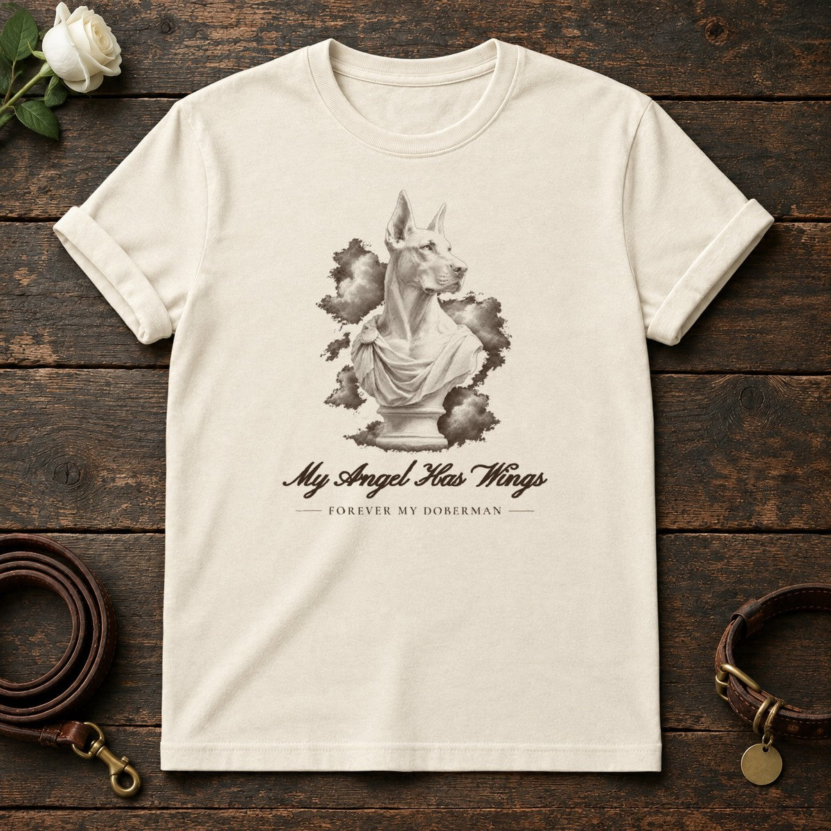 My Angel Has Wings – Marble Doberman Memorial Tee in Natural
