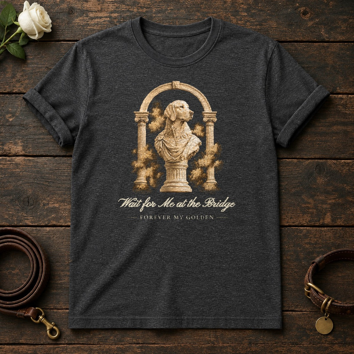 Wait for Me at the Bridge – Roman Arch Golden Retriever Memorial Tee in Dark Heather