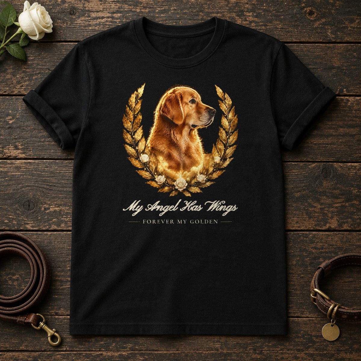 My Angel Has Wings – Laurel Golden Retriever Memorial Tee in Black