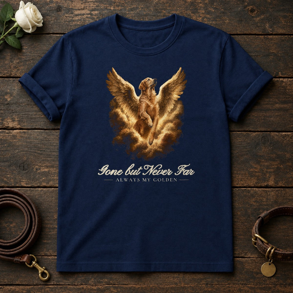 Gone but Never Far – Winged Golden Retriever Memorial Tee in Navy