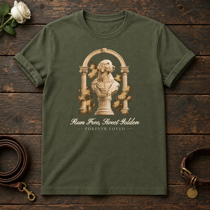 Run Free, Sweet Golden – Roman Arch Golden Retriever Memorial Tee in Military Green