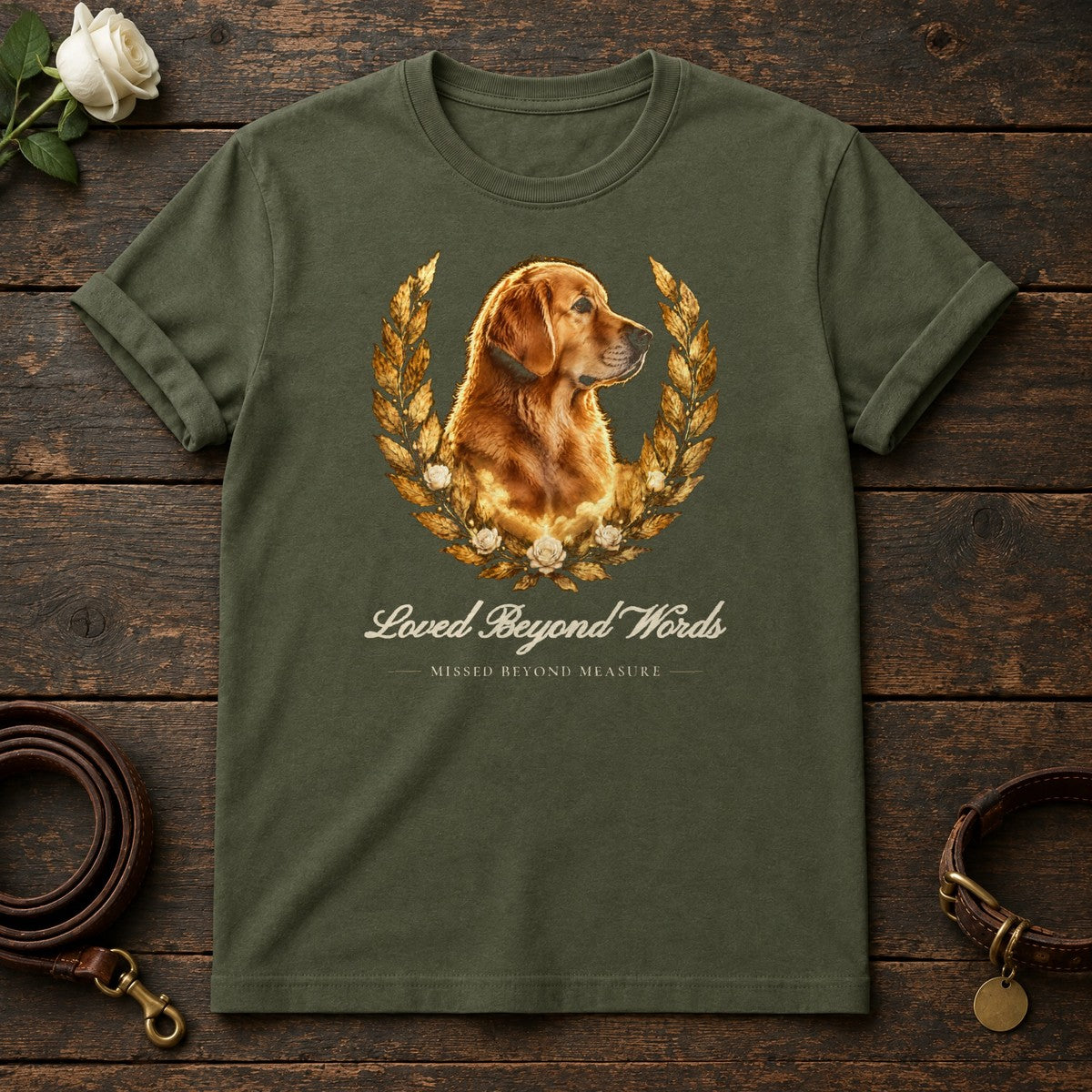 Loved Beyond Words – Laurel Golden Retriever Memorial Tee in Military Green
