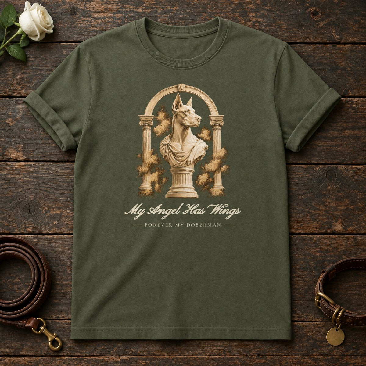 My Angel Has Wings – Roman Arch Doberman Memorial Tee in Military Green