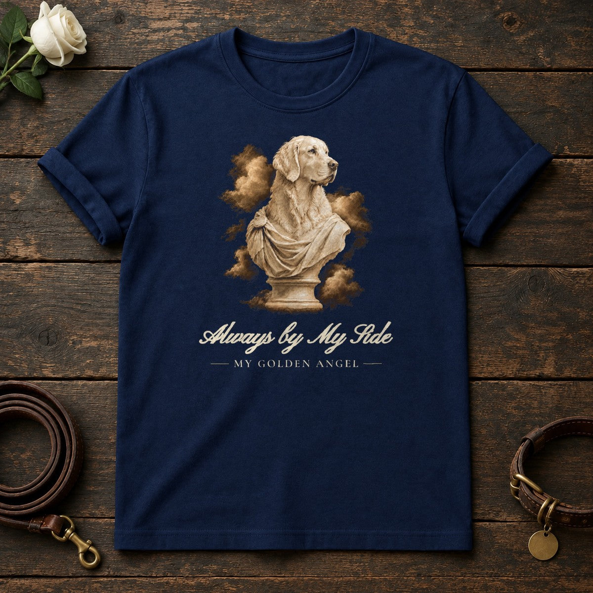 Always by My Side – Marble Golden Retriever Memorial Tee in Navy