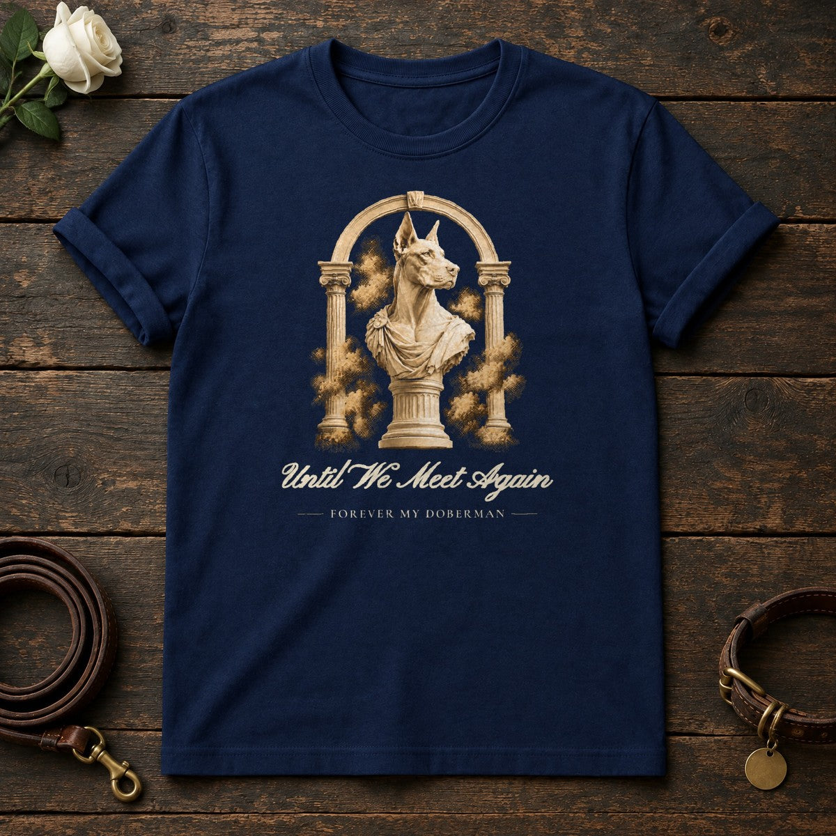 Until We Meet Again – Roman Arch Doberman Memorial Tee in Navy