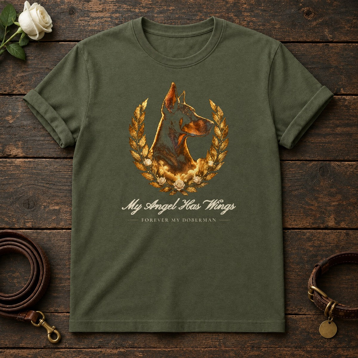 My Angel Has Wings – Laurel Doberman Memorial Tee in Military Green