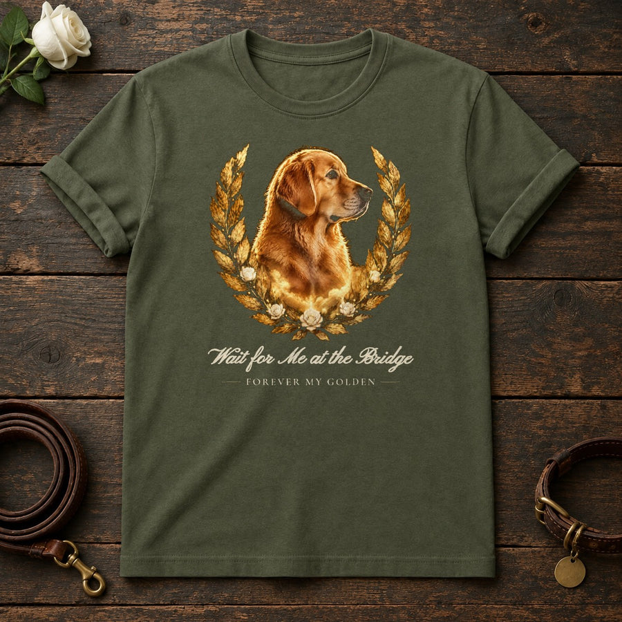 Wait for Me at the Bridge – Laurel Golden Retriever Memorial Tee in Military Green