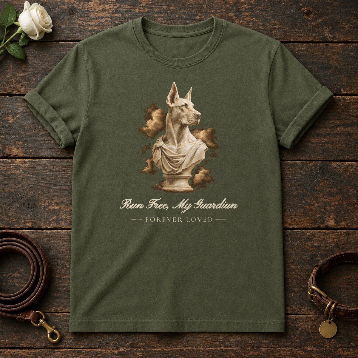 Run Free, My Guardian – Marble Doberman Memorial Tee in Military Green