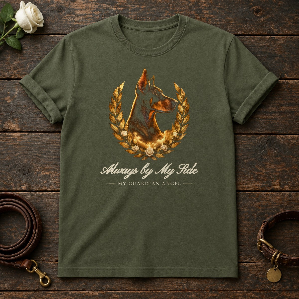 Always by My Side – Laurel Doberman Memorial Tee in Military Green