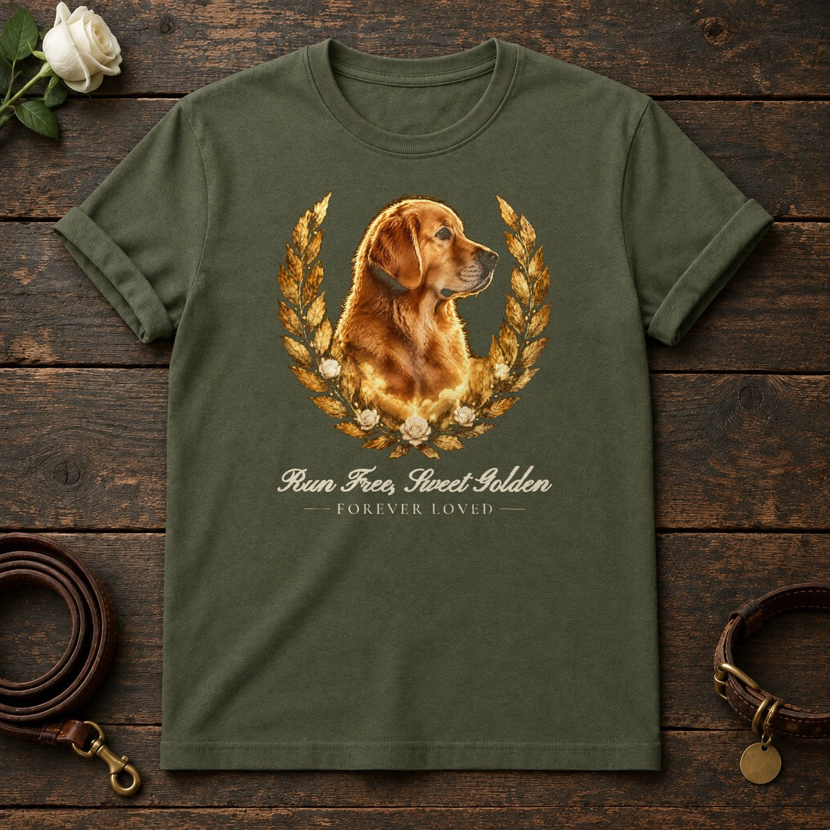 Run Free, Sweet Golden – Laurel Golden Retriever Memorial Tee in Military Green