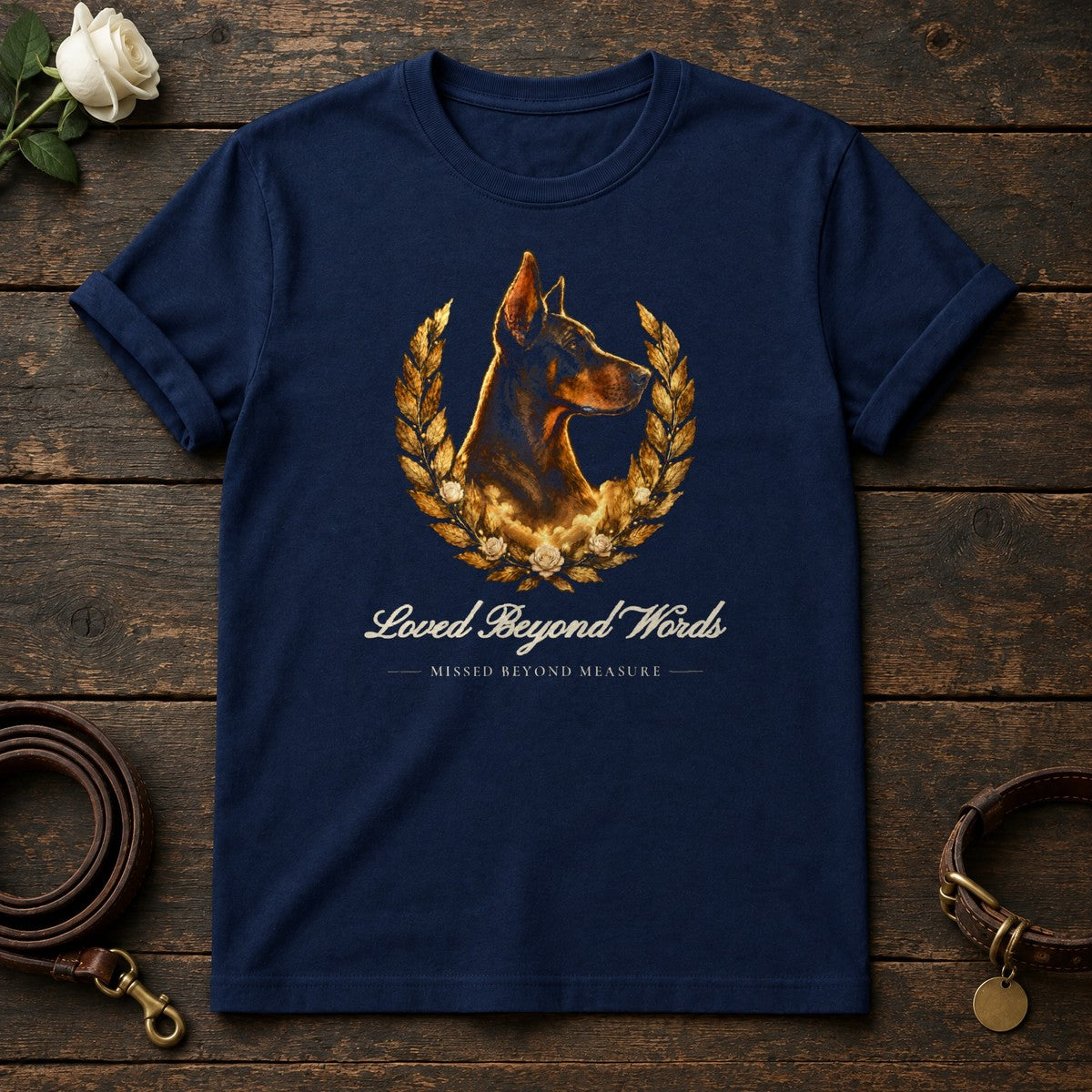 Loved Beyond Words – Laurel Doberman Memorial Tee in Navy
