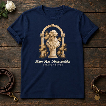 Run Free, Sweet Golden – Roman Arch Golden Retriever Memorial Tee in Navy