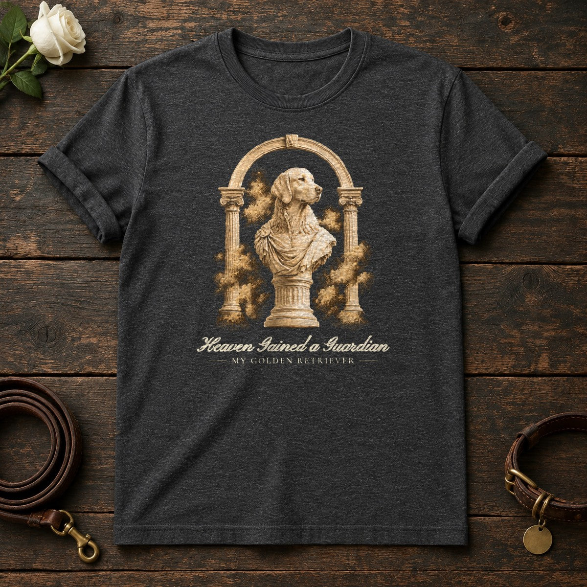 Heaven Gained a Guardian – Roman Arch Golden Retriever Memorial Tee in Dark Heather
