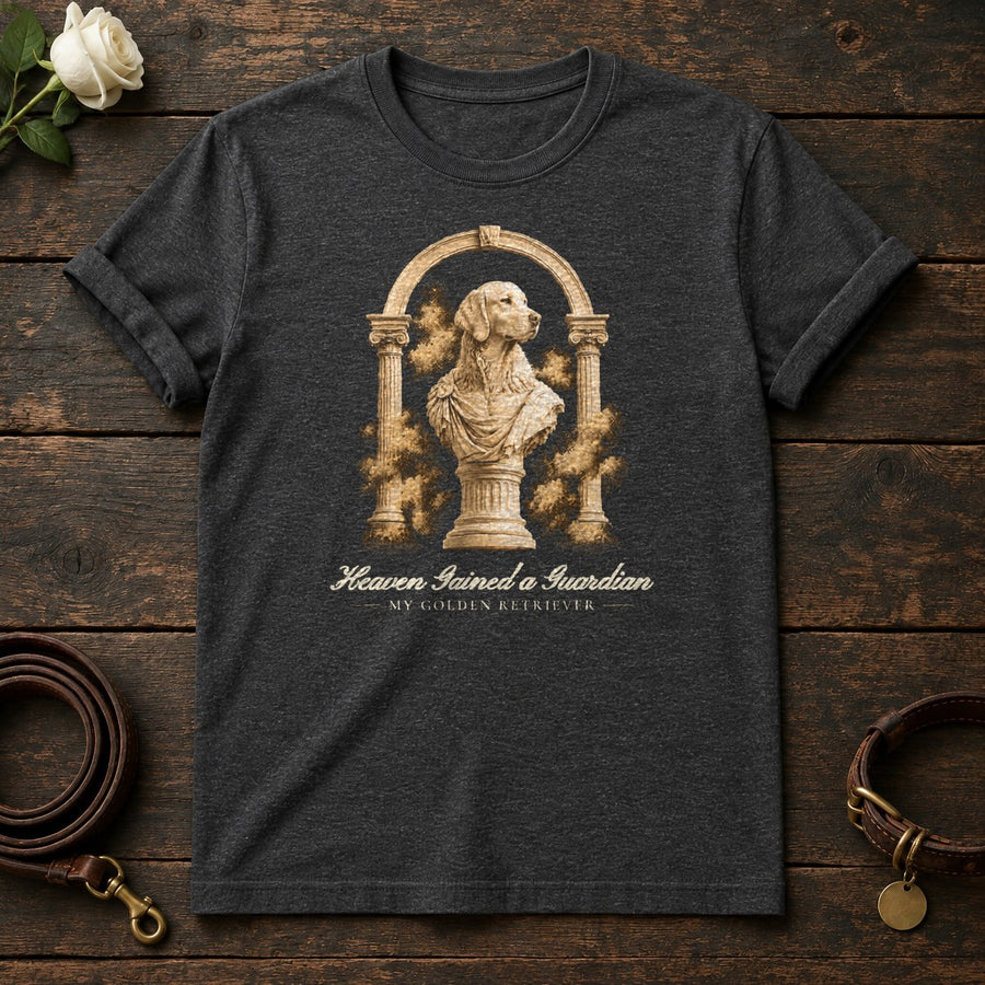 Heaven Gained a Guardian – Roman Arch Golden Retriever Memorial Tee in Dark Heather