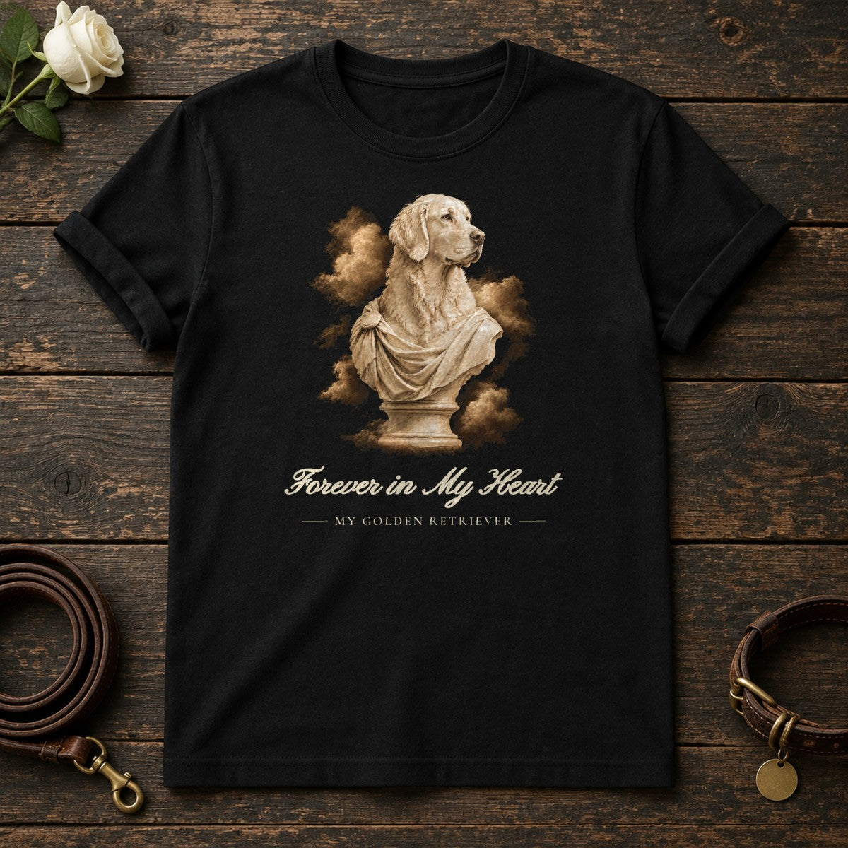 Forever in My Heart – Marble Golden Retriever Memorial Tee in Black