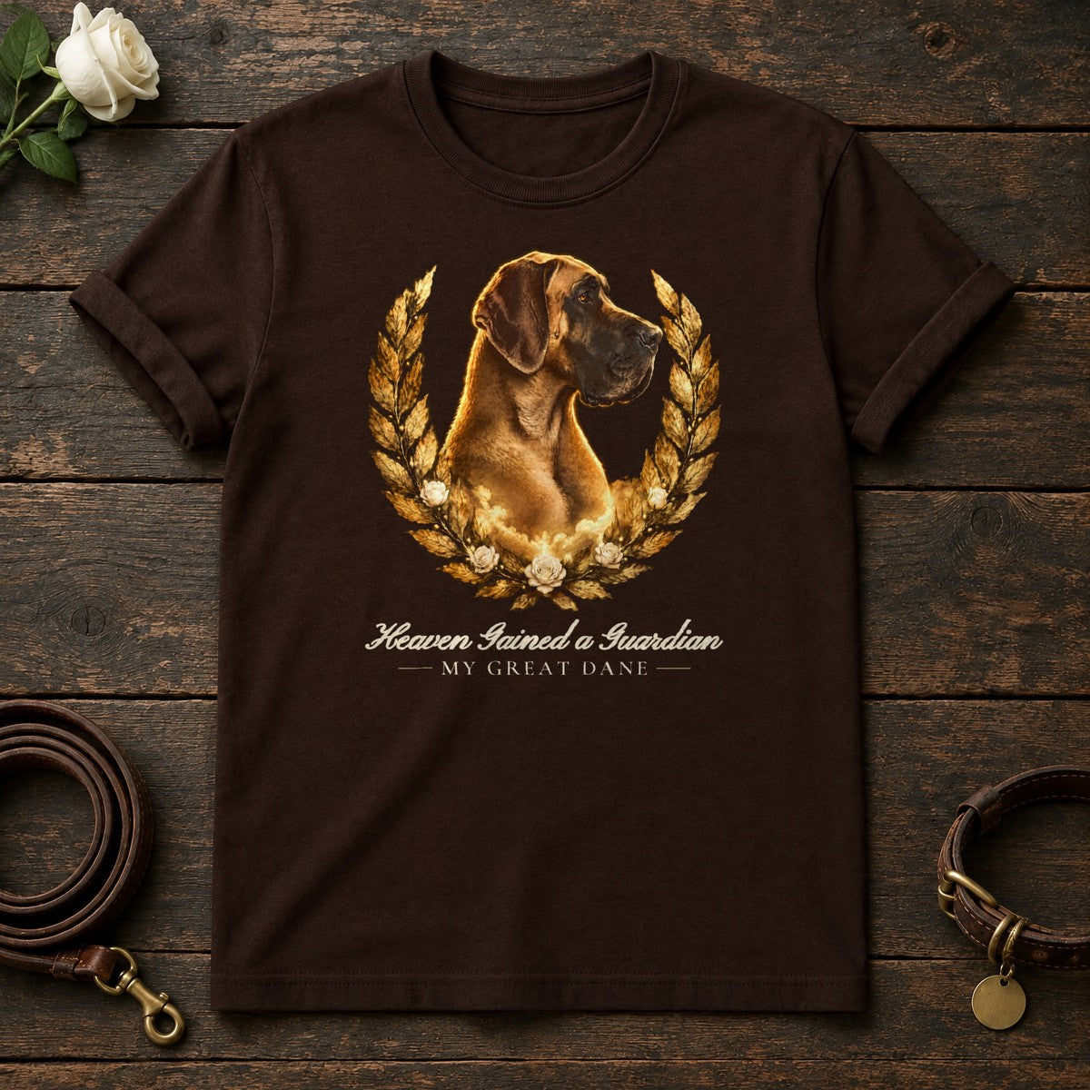 Heaven Gained a Guardian – Laurel Great Dane Memorial Tee in Dark Chocolate